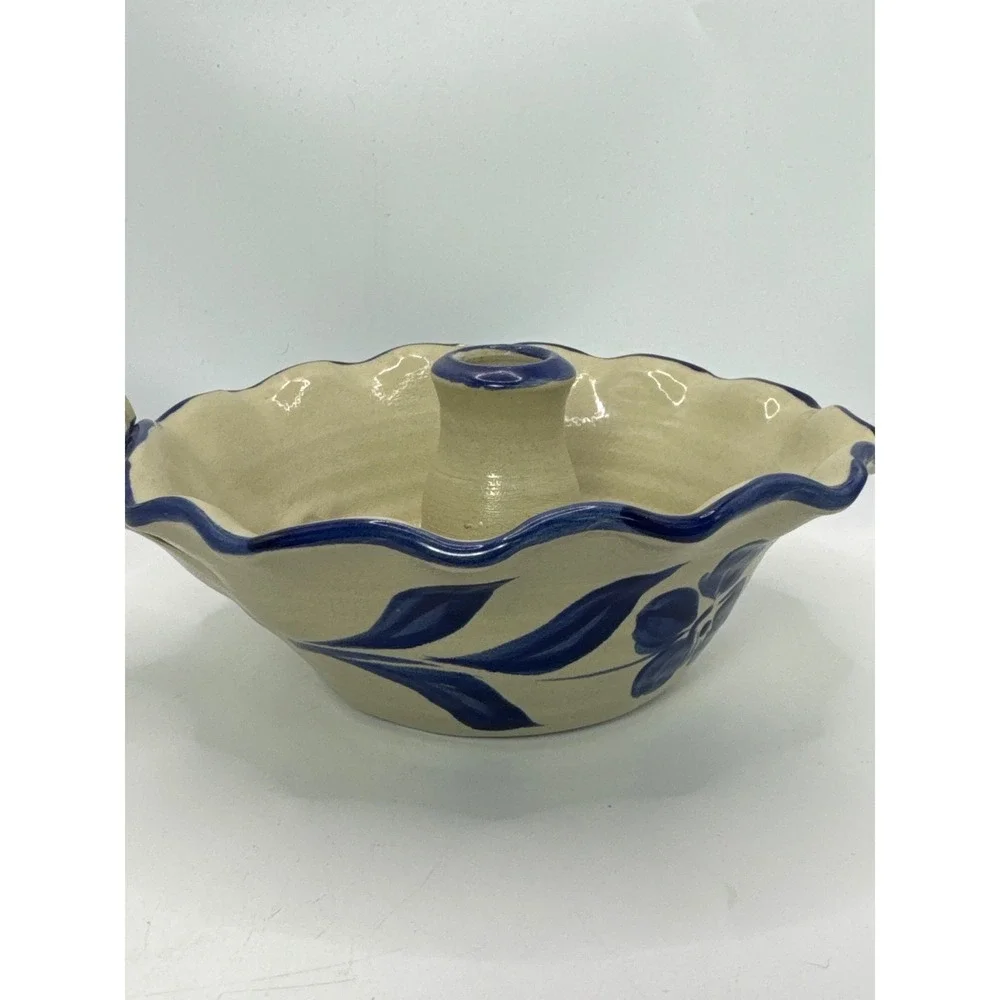 Williamsburg Pottery Salt Glaze Stoneware Chamberstick Candle Holder Blue Floral